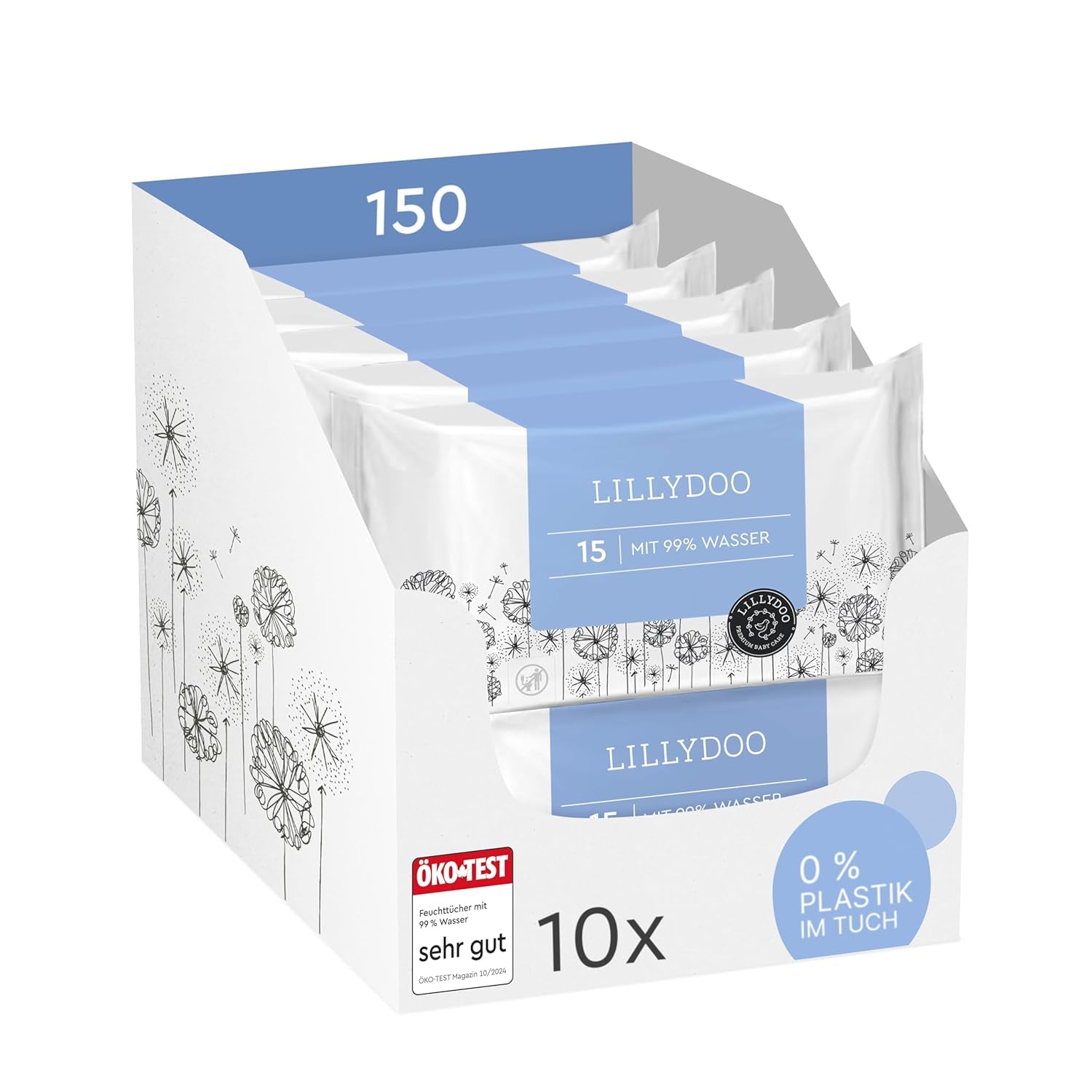 Șervețele umede LILLYDOO verzi, 600 bucăți (10 x 60), șervețel 100% fără plastic, rezistent la rupere - fără parfum, delicate și naturale, curățare delicată pentru pielea sensibilă, testate dermatologic