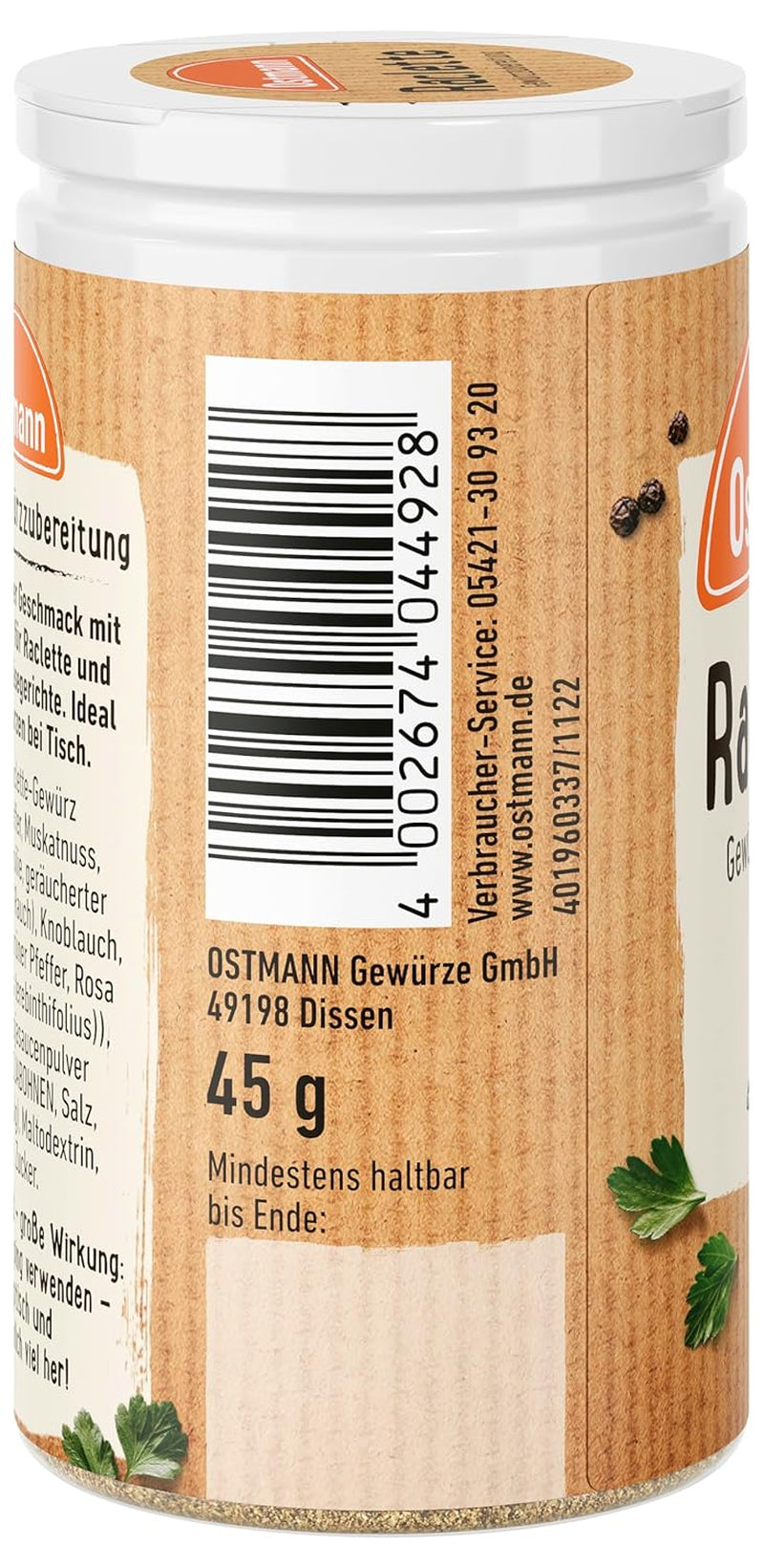 Ostmann Gewürze - Raclette Gewürzzubereitung | Zum Würzen von Käsegerichten | Recyclebare, nachfüllbare Streudose | 45 g in Streuer