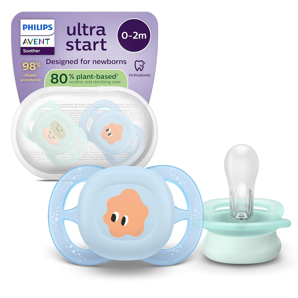 Suzetă de noapte Philips AVENT Ultra Start, suzetă ortodontică pentru nou-născuți, strălucește în întuneric, fără BPA, cu recipient de sterilizare, pachet dublu, Lună, Stea, SCF075/07