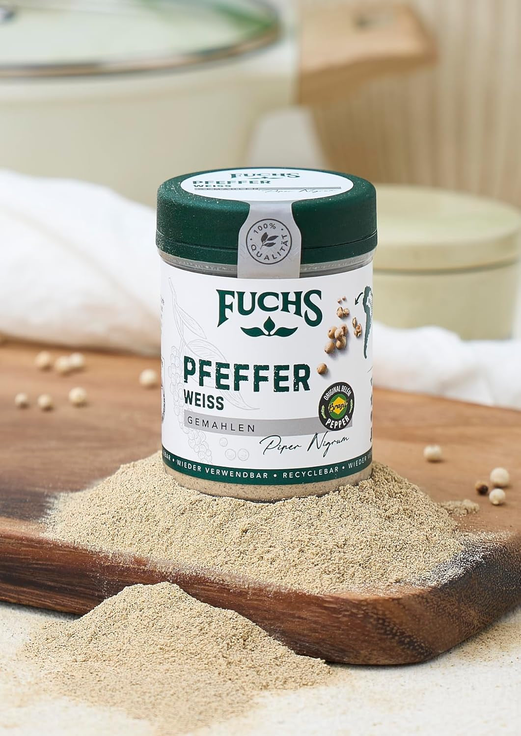 Fuchs Gewürze - Pfeffer weiß gemahlen - Pfeffer aus dem Amazonasgebiet, für helle Saucen, Fisch oder Suppen - natural Ingredients - 60 g in wiederverwendbarer, recyclebarer Dose