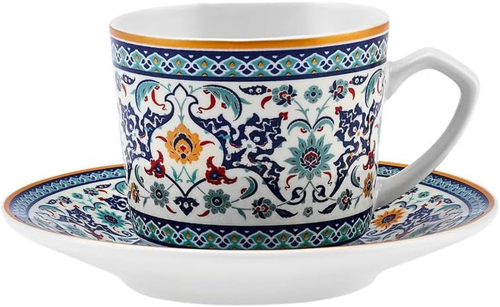 KARACA Beylerbeyi - Set de cești de cafea turcească, 12 piese, Set de 6 cești de espresso din porțelan cu farfurioare, Set de cești de espresso de 80 ml, Design tradițional - Albastru