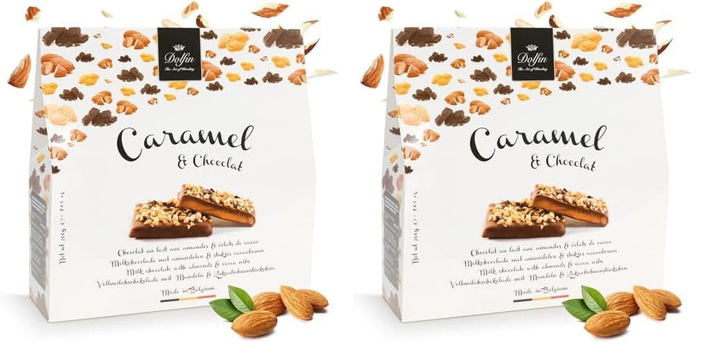 Dolfin Caramel & Ciocolată, fabricat în Belgia, 200 grame Bomboane de Ciocolata Naty Shop 2 x 200 grame Ciocolata cu Migdale si Nibs de cacao