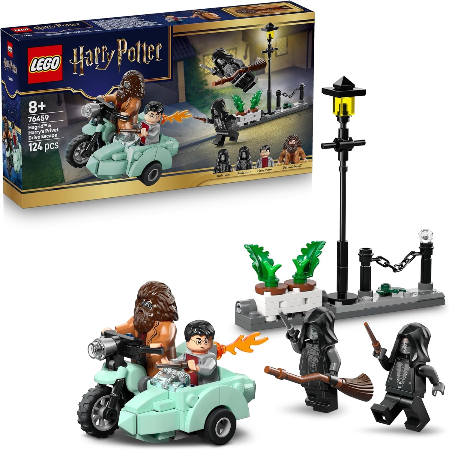 LEGO Harry Potter Hagrids und Harrys Flucht aus dem Ligusterweg - Motorrad Spielzeug mit 4 Minifiguren - 2 Todesser, eine Strassenszene - Geschenk für Mädchen, Jungen und Fans ab 8 Jahren - 76459