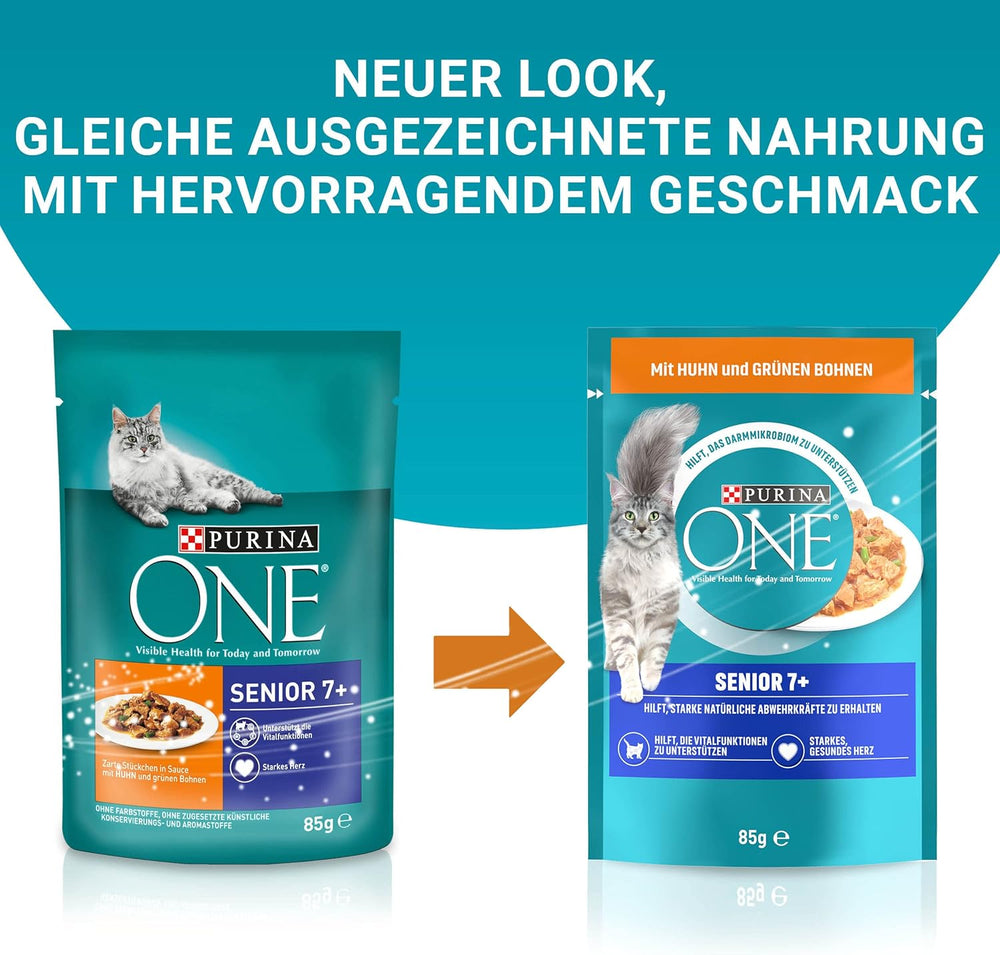 Hrană umedă pentru pisici PURINA ONE Senior 7+, bucăți fragede în sos cu pui, pachet de 26 (26 x 85g)