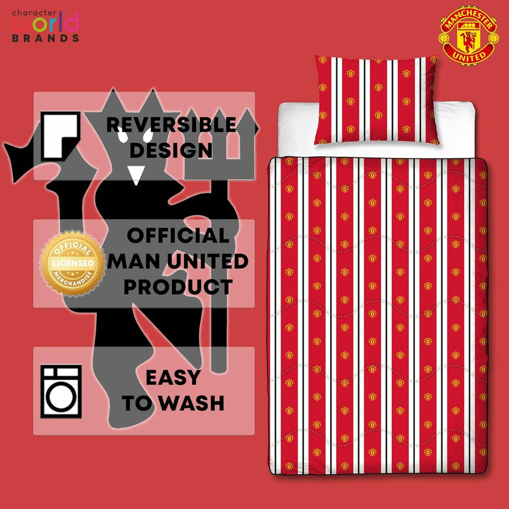 Manchester United FC Official Single Duvet, Reversible, Red & White, Coverless, Football Quilt, Pillowcase, Washable, Perfect for Travel, Overnight Stays, 10.5 Tog Duvets and Quilts Naty Shop