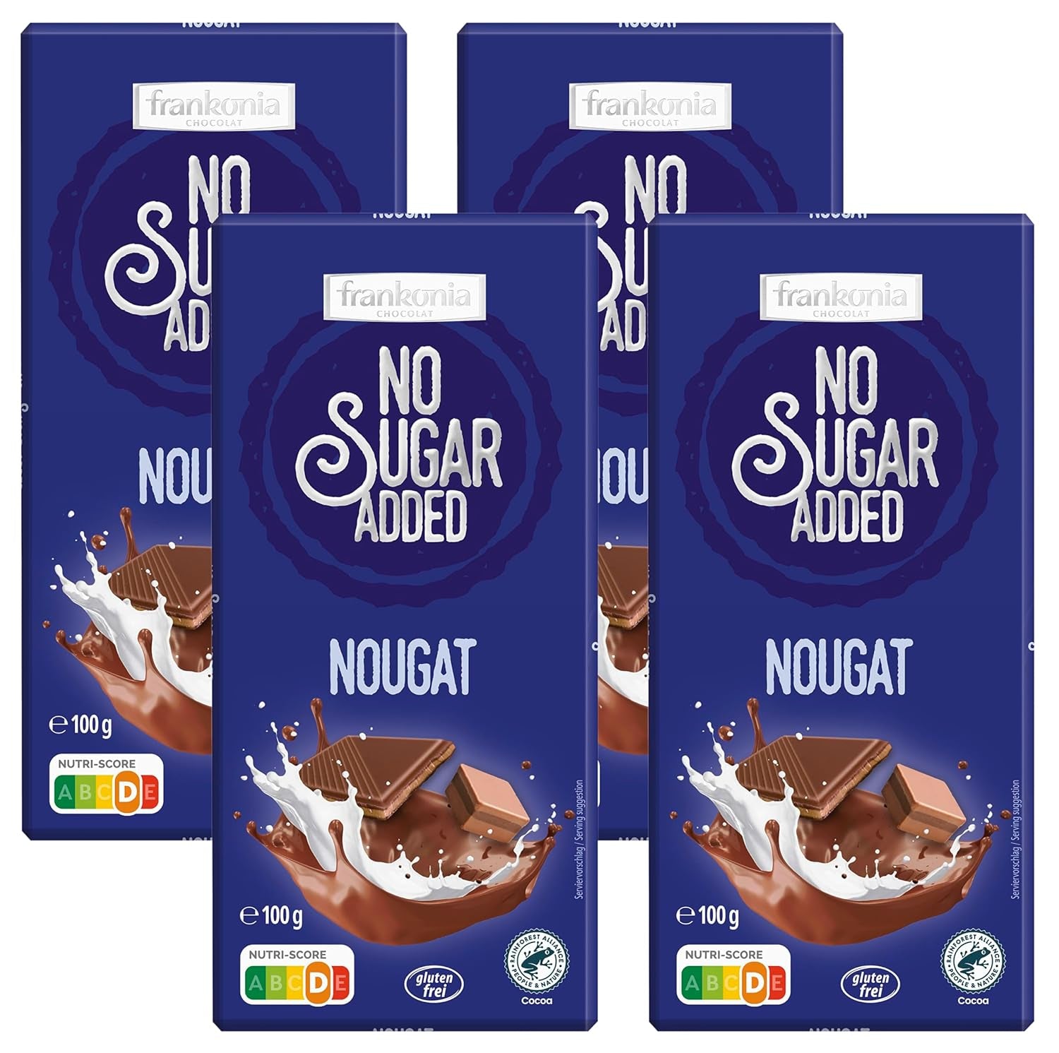frankonia CHOCOLATE WITH NO ADDED SUGAR Chocolate with nougat, gluten-free, 100 g (pack of 4)