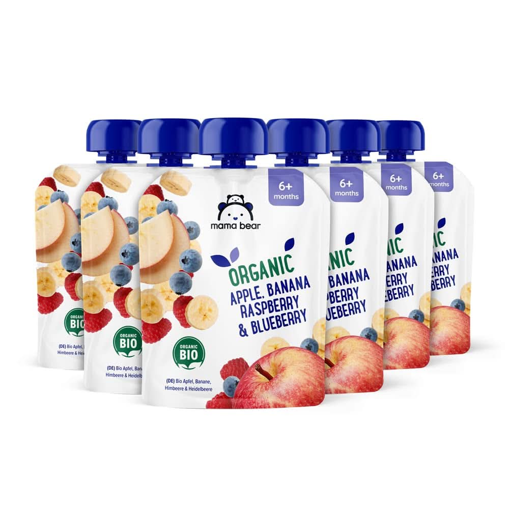 Mama Bear, organic puree different fruits, set 6 x 90 grams Mother and Child Naty Shop 6 x 90 grams Apples, bananas, blueberries and raspberries