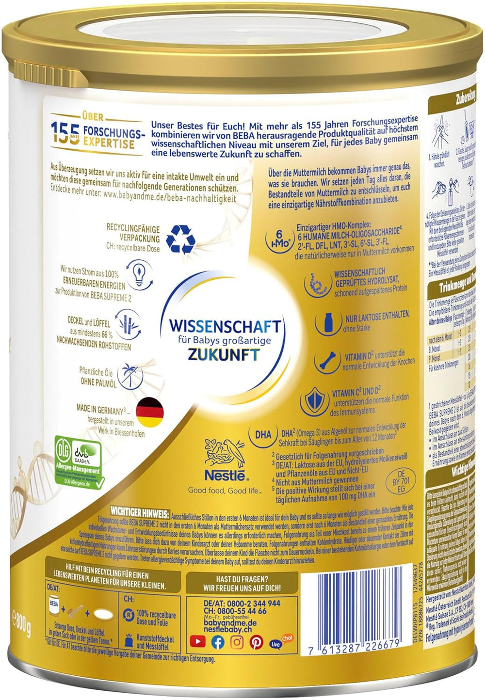 BEBA SUPREME 2 Follow-on milk after 6 months, lactose only, palm oil free, pack of 6 (6 x 800g) Naty Shop