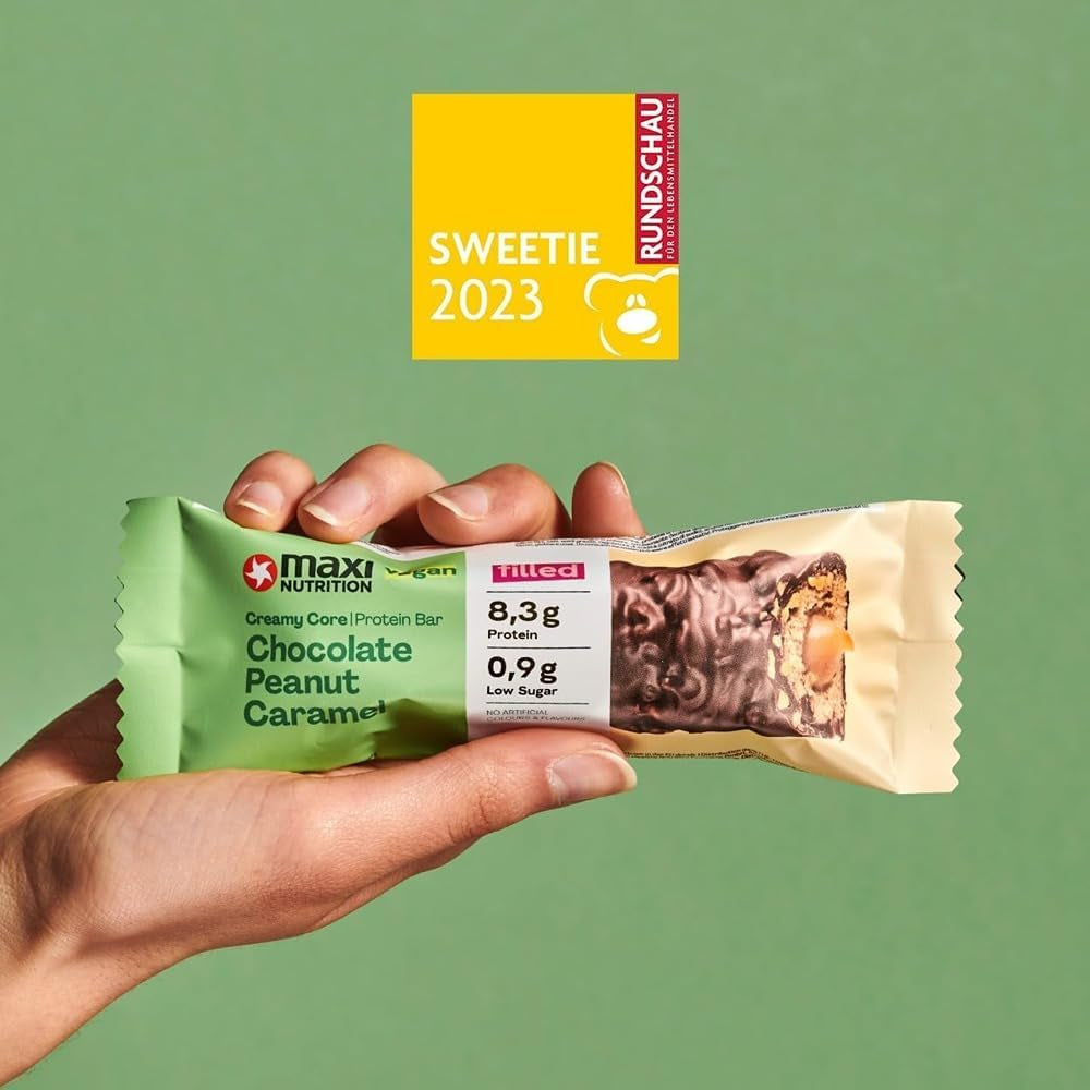 MaxiNutrition Creamy vegan protein bar with chocolate, peanuts and caramel 12x45g - vegan protein bar, 18% protein, 8.3g per bar, low sugar content (0.9g), no added sugar, no artificial flavors