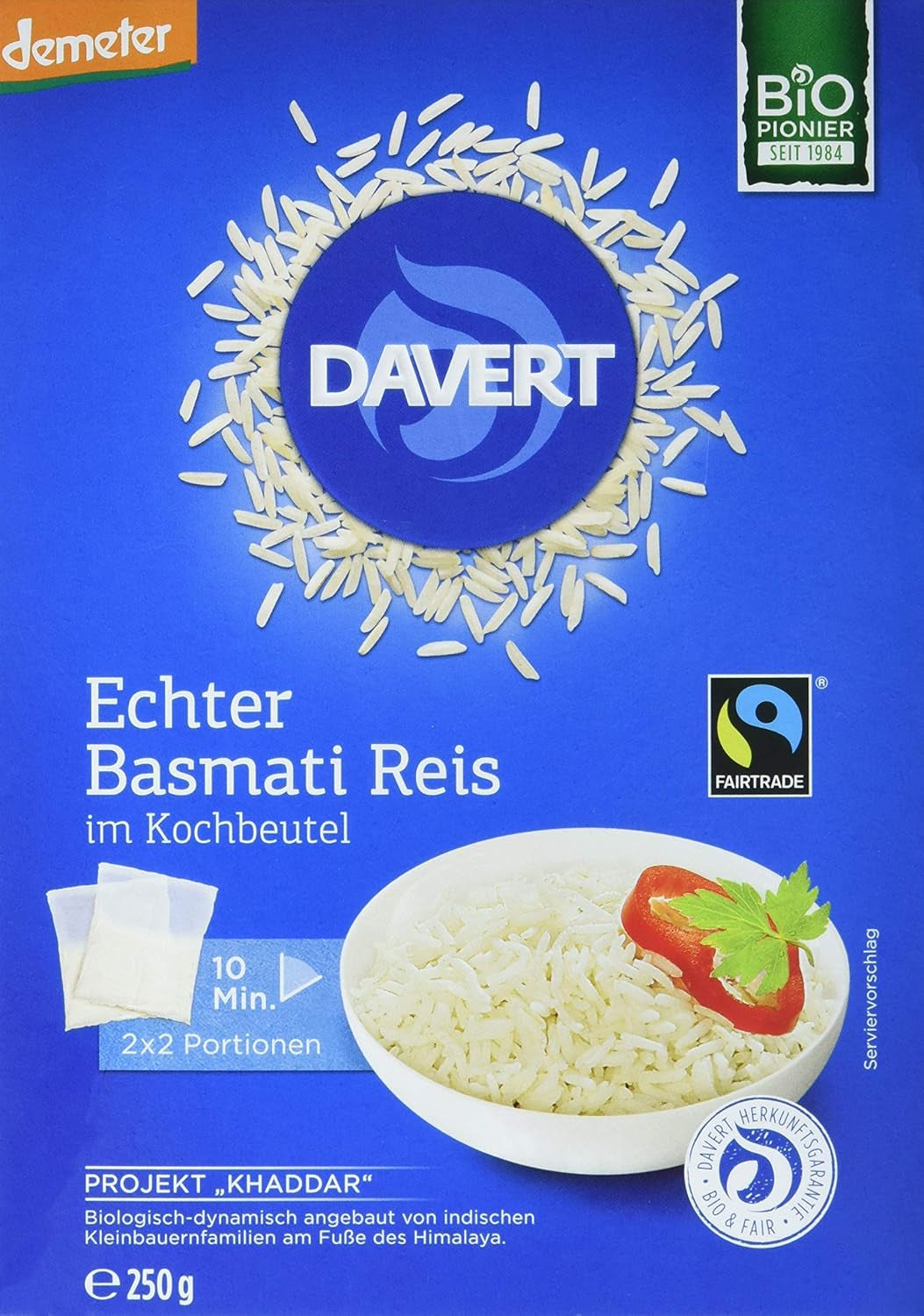 Davert organic Basmati rice in cooking bags, 2 bags, 250g