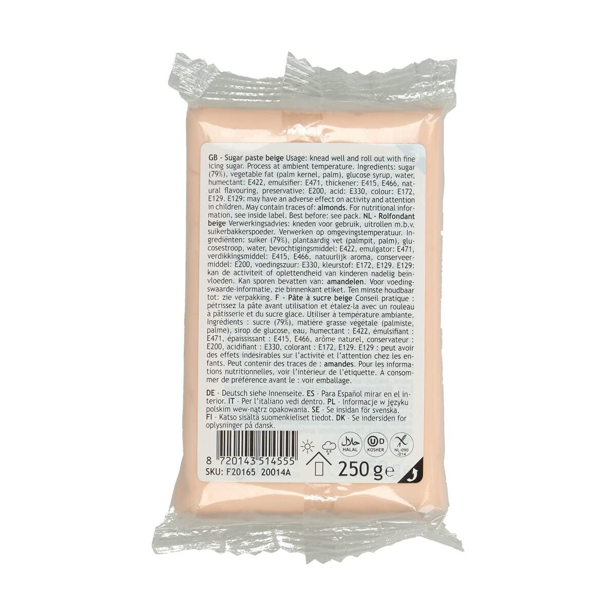 FunCakes Fondant rulat bej natural: ușor de utilizat, neted, flexibil, moale și pliabil, perfect pentru decorarea prăjiturilor, halal, kosher și fără gluten, 250 g Pasta de zahar Naty Shop