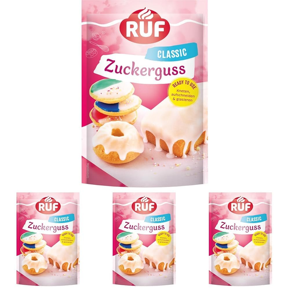 Glazură RUF gata de utilizare, poate fi folosită imediat fără amestecare, glazură pentru biscuiți și prăjituri, ca glazură de zahăr de bază sau pentru colorare și aromatizare, 1 x 150g (pachet de 4) Pasta de zahar Naty Shop 150 G (pachet de 4) Alb