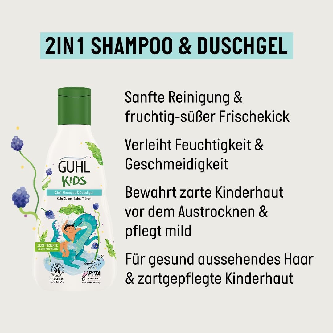 Guhl Kids Dino advantage set - 2x Guhl Kids 2 în 1 Șampon & Gel de duș, 250ml + 1x Pixi book - Special dezvoltat pentru copii - Nu se trage - Certificat Cosmos Natural Copii - Baie si Skincare Naty Shop