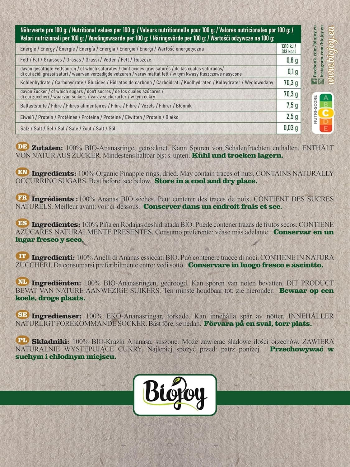 Inele de ananas Biojoy BIO, uscate (1 kg), nesulfurate Produse deshidratate Naty Shop