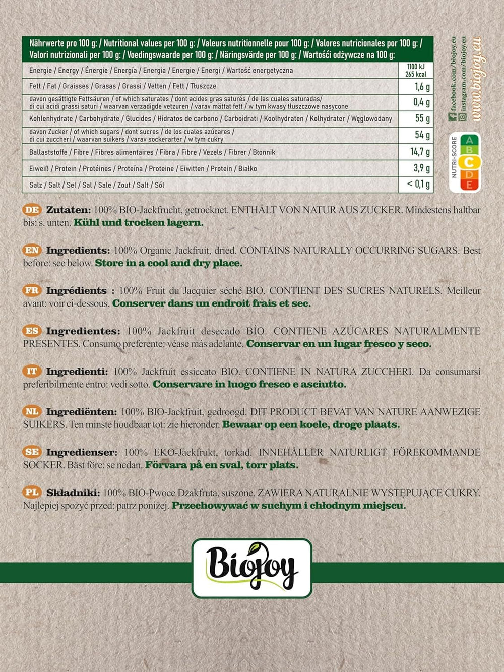 Jackfruit bio Biojoy (1 kg), bucăți de jackfruit uscate și nesulfurate Produse deshidratate Naty Shop