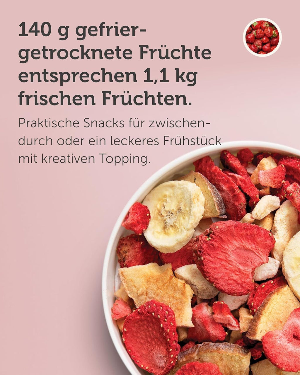 Mix de fructe liofilizate BUAH® | Căpșuni, banane, mere și coacăze liofilizate fără zahăr adăugat | 100% fructe | Vegan, fără gluten, fără lactoză (140g) Produse deshidratate Naty Shop