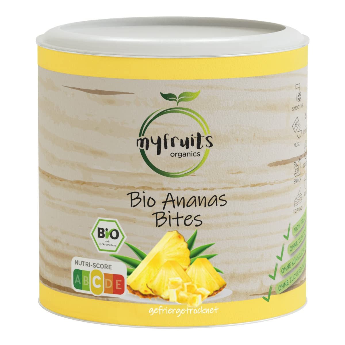 myfruits ananas organic liofilizat, 300g, fructe uscate fără aditivi, 100% ananas în bucăți mari, fructe liofilizate pentru muesli sau ca gustare Produse deshidratate Naty Shop 85 Gram