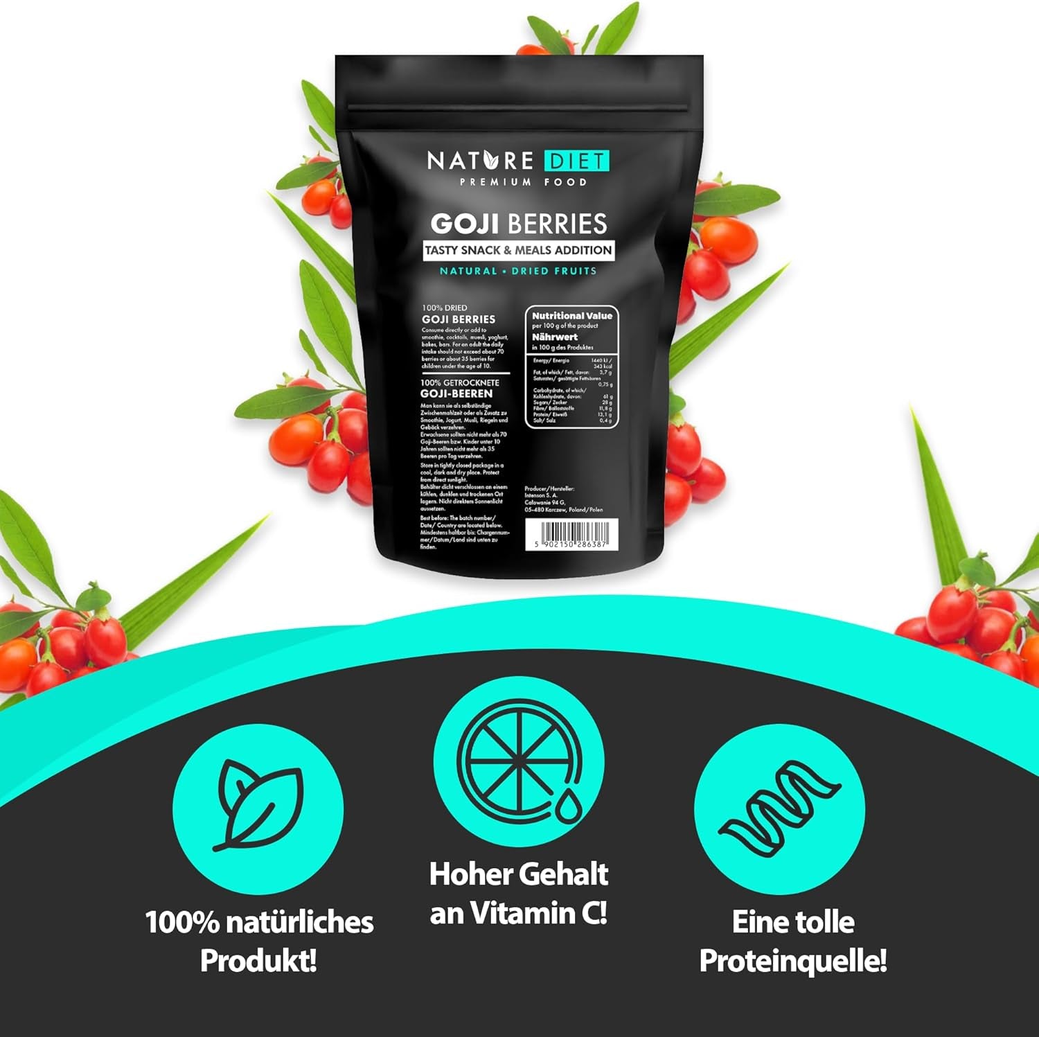 Nature Diet - Goji berries 1000 g | Fructe de pădure uscate | Gustare sănătoasă Produse deshidratate Naty Shop