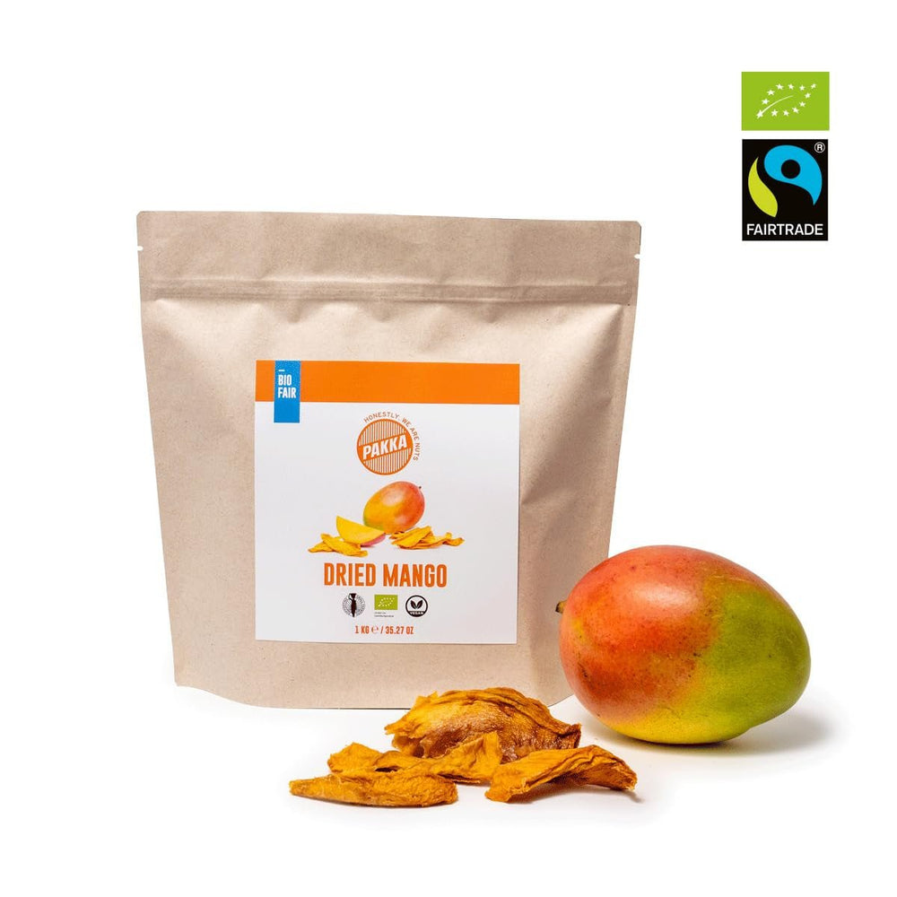 PAKKA organic fair trade mangoes 1kg, bucăți de mango uscate organic și corect, neîndulcite, nesulfurate, produse și umplute direct de producătorul din Columbia, vegan 1 kg (1 pachet) Produse deshidratate Naty Shop