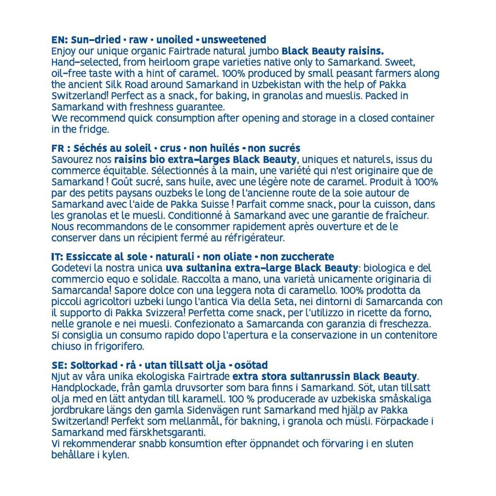 PAKKA - Organic Fairtrade Black Beauty Raisins 600gr, struguri organici, fără semințe, negri, uscați la soare, fără ulei, deci lipicioși, nesulfurați, direct de la micii fermieri din Samarkand în Uzbekistan Produse deshidratate Naty Shop