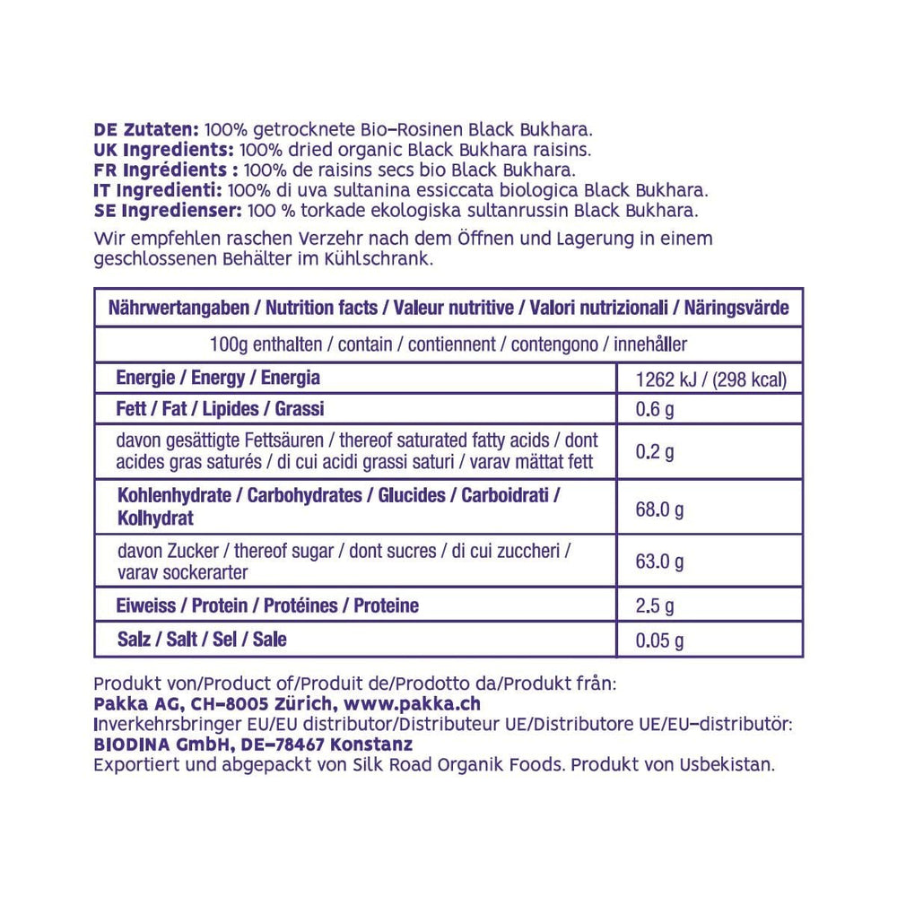 PAKKA - Stafide organice Fairtrade Bukhara 600g, fără semințe, struguri negri jumbo Bukhara uscați la umbră, fără ulei, deci lipicioși, nesulfurați, direct de la micii fermieri din Samarkand în Uzbekistan 600g Produse deshidratate Naty Shop