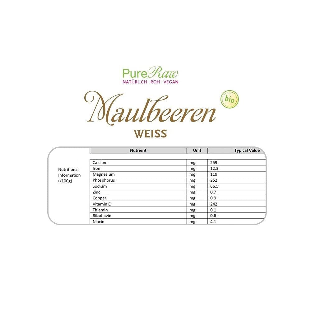 Premium Organic uscat (Raw Vegan) mure albe Morus Alba Mulberry Fruit - Fructe uscate fără adaos de zahăr din Turcia - Organic Raw White Mulberries Dried Fruit | PureRaw 200g Produse deshidratate Naty Shop