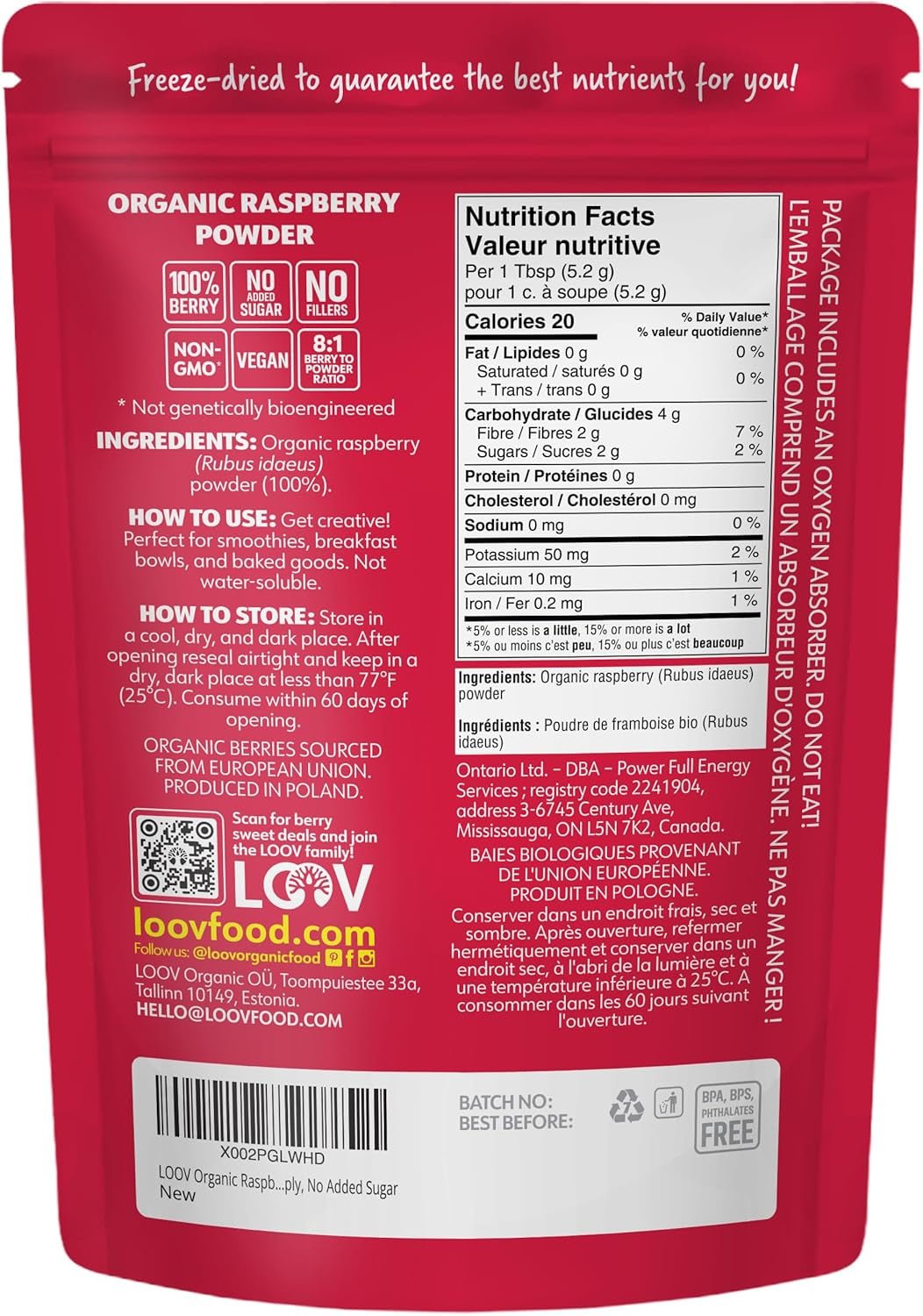 Pudră organică de zmeură, obținută din 100% zmeură întreagă, pulbere obținută din zmeură liofilizată, 171 g, din Europa, aprovizionare pentru 24 de zile, fără zahăr adăugat Produse deshidratate Naty Shop