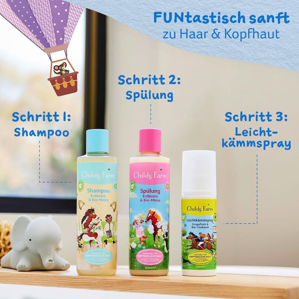 Șampon pentru copii Childs Farm 250 ml | Căpșuni și mentă organică | Toate tipurile de păr | Demontează și hrănește | Potrivit pentru pielea uscată, sensibilă și predispusă la neurodermatită Copii - Baie si Skincare Naty Shop