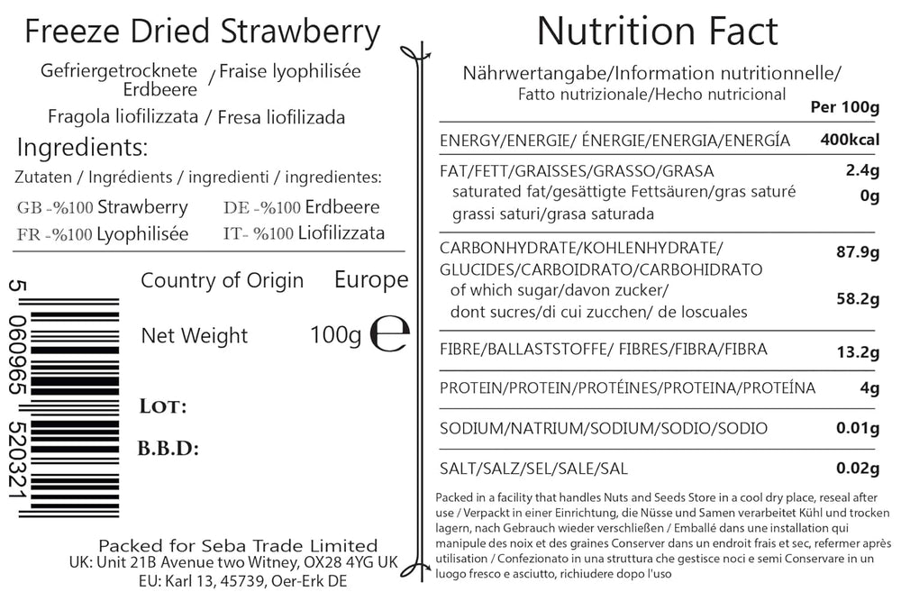 Seba Garden Premium căpșuni liofilizate, căpșuni mediteraneene delicioase, fără OMG și vegane (100 g) Produse deshidratate Magazinul meu