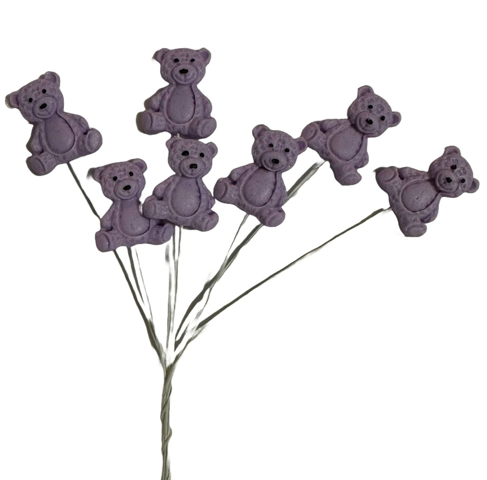 Set 7 decoratiuni comestibile din zahar, Ursuleti mov Decoratiuni din Pasta de Zahar Nati Shop