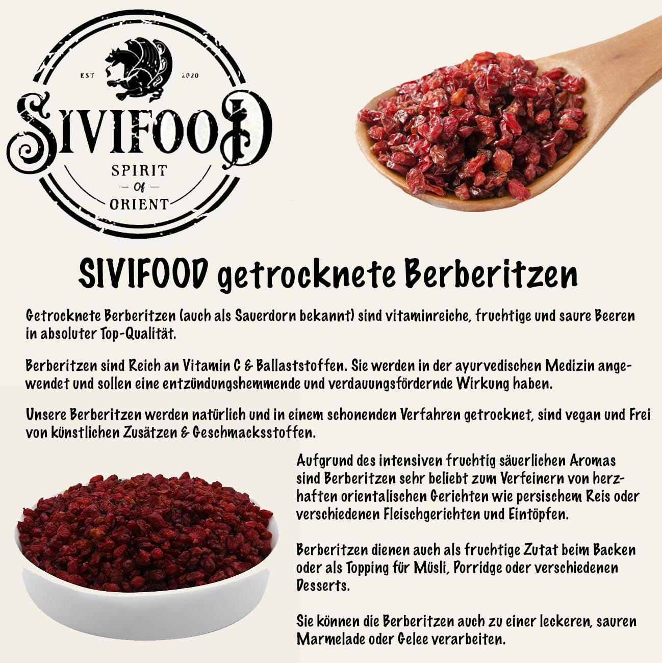 SIVIFOOD Barberries 200g - fructe de mur uscate în calitate premium de alimente crude - vegan și natural cu conținut scăzut de grăsimi ghimpe acru Zereshk barberry Berberis fructe uscate uscate barberries uscate Produse deshidratate Naty Shop