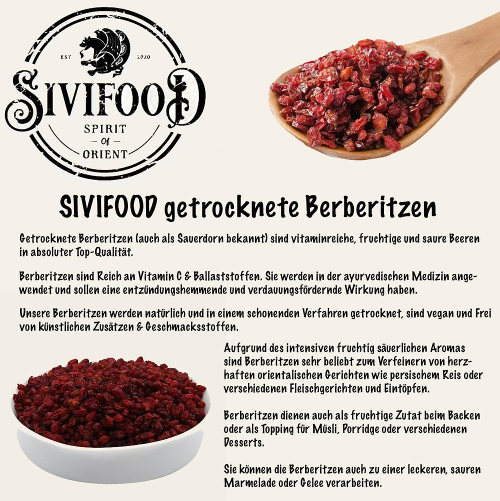 SIVIFOOD Barberries 200g - fructe de mur uscate în calitate premium de alimente crude - vegan și natural cu conținut scăzut de grăsimi ghimpe acru Zereshk barberry Berberis fructe uscate uscate barberries uscate Produse deshidratate Naty Shop