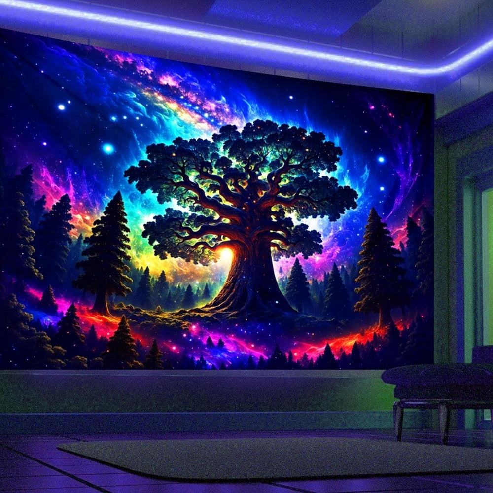 Tapiserie blacklight forest psychedelic nature tree stars galaxy Casa - Accesorii si Decoratiuni Naty Shop 200L X 150B Cm