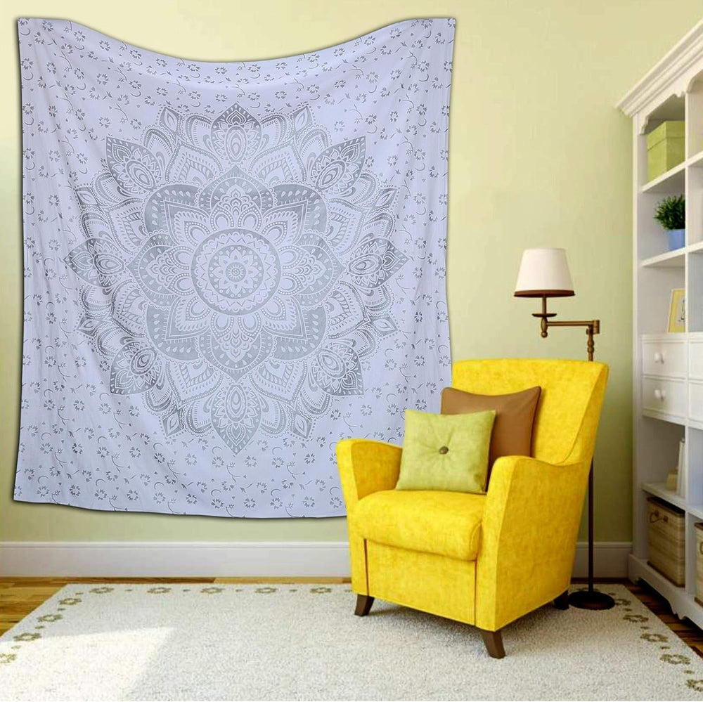 Tapiserie indiana mandala alb argintiu camera estetic panza Casa - Accesorii si Decoratiuni Naty Shop
