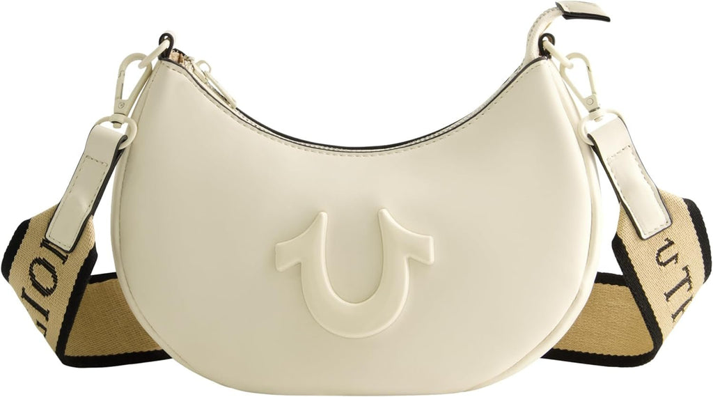 True Religion Women's Shoulder Bag Purse, Crescent Hobo Handbag cu curea detașabilă reglabilă și logo-ul Horseshoe Genti Femei Naty Shop Fildeș