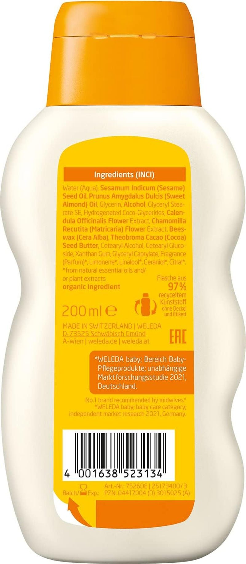 WELEDA Organic Baby Calendula Care Milk - Loțiune de corp cosmetică naturală cu ulei de migdale și ceară de albine pentru îngrijirea și curățarea pielii uscate a bebelușilor. Loțiune delicată de îngrijire a pielii pentru bebeluși și copii (1x 200ml) Copii - Baie si Skincare Naty Shop